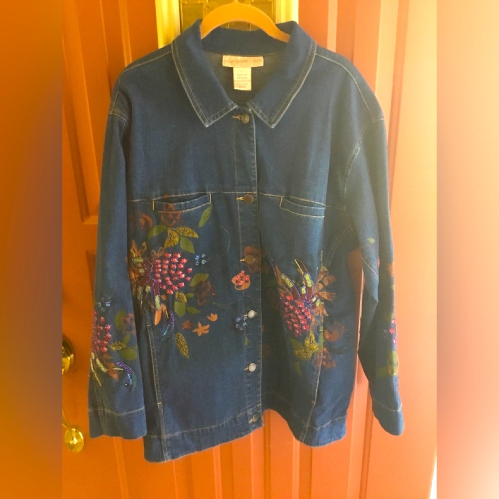 Susan Graver Long Denim Jacket w/Beading & Embellishments, sized L